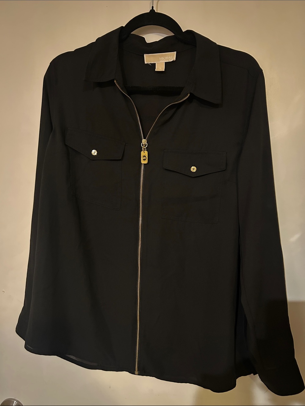 Michael Kors Black Zip-Front Shirt Jacket with Gold Hardware